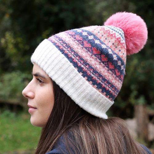 Blue & Coral Mix Fair Isle Bobble Hat by Peace of Mind